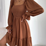 Square Neck Long Sleeve Shirred Ruffle Hem Dresses High Waist A Line Knee Length Elegant Mini Dress