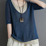 Artistic False Two Loose Ramie Cotton Half Sleeve Shirt