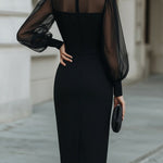 High-Neck Sheer Sleeve Tailored Midi Dress