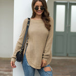 Nadorine Crew Neck Long Sleeve Slit Pullover Knit Sweater