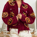 Halloween Pumpkin Sequined Distressed Corduroy Jacket