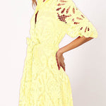 Solid Color Lace Cutout Balloon Sleeves and Waist Tie Mini Dress