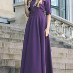 Half Sleeves High Waisted Solid Color Tied Waist V-Neck Maxi Dresses