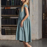 Short Sleeve Round Neck Solid Color Loose Pleated Swing Mid-Long Dresses