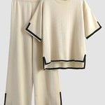 Nadorine Contrasting Color Slit Short-sleeved Sweater Wide-leg Trousers Two-piece Set