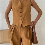 Solid Color Two-piece Slim Fit Sleeveless Vest Casual Wide Leg Pants Set