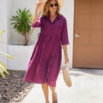 Nadorine Women's Casual Lapel Neck Button Long Sleeve Drawstring Cotton Linen Shirt Dress
