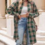 Nadorine Plaid Longline Button-Up Shacket Lapel Neck Long Sleeve Shirt Pocket