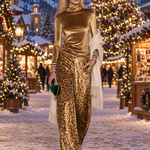Vintage Glam Gold Velvet Turtleneck Top And Leopard-Print Wide-Leg Pants Set