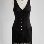 Western Retro Tassel Black Sleeveless V-Neck Faux Suede Mini Dress