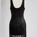 Western Retro Tassel Black Sleeveless V-Neck Faux Suede Mini Dress