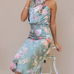 Sleeveless Halter Neck Printed Satin Dress