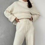 Nadorine Casual Street Loose Two-piece Sweatsuit Hooded Knitted Loose Top + Wide-leg Pants
