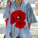 Half Sleeves Loose Flower Print V-Neck Maxi Dresses