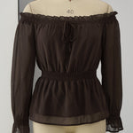 Fashionable Retro Ruffled Brown Off-shoulder Chiffon Blouse
