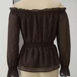 Fashionable Retro Ruffled Brown Off-shoulder Chiffon Blouse