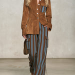 Retro Faux Suede Shirt And Vertical Striped Trousers Set