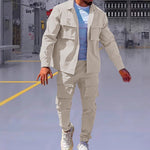 KZZ Men's Solid Button Pocket Lapel Neck Jacket & Drawstring Waist Cargo Pant Set