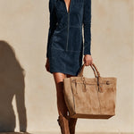 Navy half-zip straight-cut suede mini dress