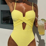 Solid-Color Vertical-Striped Openwork Tie-Side One-Piece Swimsuit