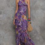 Elegant Purple Floral Chiffon Halter Maxi Dress