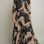 Elegant 3/4-sleeve printed waist-cinching dress