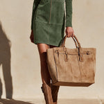 Olive green half-zip straight-cut suede mini dress