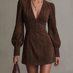 Brown Faux Suede Deep V-Neck Puff Sleeve Mini Dress
