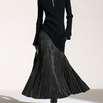 Black half-zip maxi dress with pinstriped hem panel