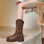 Retro soft leather thick-soled versatile mid-calf boots star_border