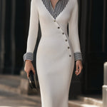 Contrast Striped Collar Faux Wrap Midi Dress