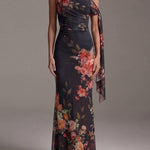 Black One-Shoulder Printed Pleated Chiffon Maxi Dress