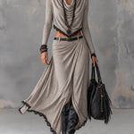 Grey stretch mock-neck cropped top and slit maxi skirt set（Belt included）