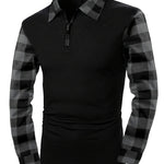 KZZ Men's Patchwork Plaid Print Half Zip Up Polo Shirt