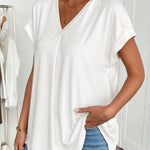 Women's V-neck short-sleeve top with back pleats