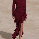 Burgundy midi evening gown with ruffles and an asymmetrical hem