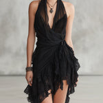 Jennifer | Black Mini Lace Dress with Ruffles and Tie Neckline