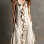Women's Solid-Color Sleeveless V-Neck Flared Ruffle Dress