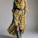 Casual loose retro plaid shirt dress with belt