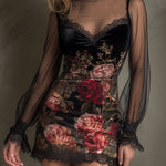 Velvet Rose Print Sheer Patchwork Mini Dress With Lace Trim