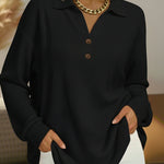 Stylish Solid-Color Loose-Fit Long-Sleeve Waffle-Knit Pullover with V-Neck and Buttons