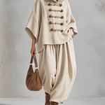 Oversized layered-collar toggle-fastening top and wide-leg trousers set