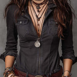 Vintage Washed Zip-up Denim Blouse