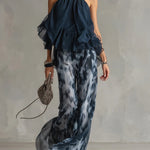 Navy Halter Neck Top And Printed Wide-leg Pants Chiffon Set