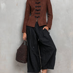 Brown faux-suede long-sleeve jacket and black trousers set