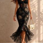Romantic Floral Midi Mermaid Dress with Lace Trim