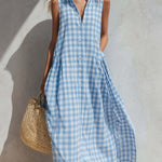 Loose-fitting plaid sleeveless beach vacation dress