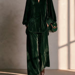 Green velvet round-neck lantern-sleeve top and wide-leg trousers set
