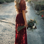 Floral Lace Maxi Dress V Neck Short Sleeve Boho Wedding Bridesmaid Evening Party Beach Slit Flowy Long Dresses