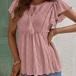 Nadorine Eyelet Tie-Neck Flutter-Sleeve Top Solid Color Casual Blouse for Women Casual Work Office Loose Fit 2026 | Under $40